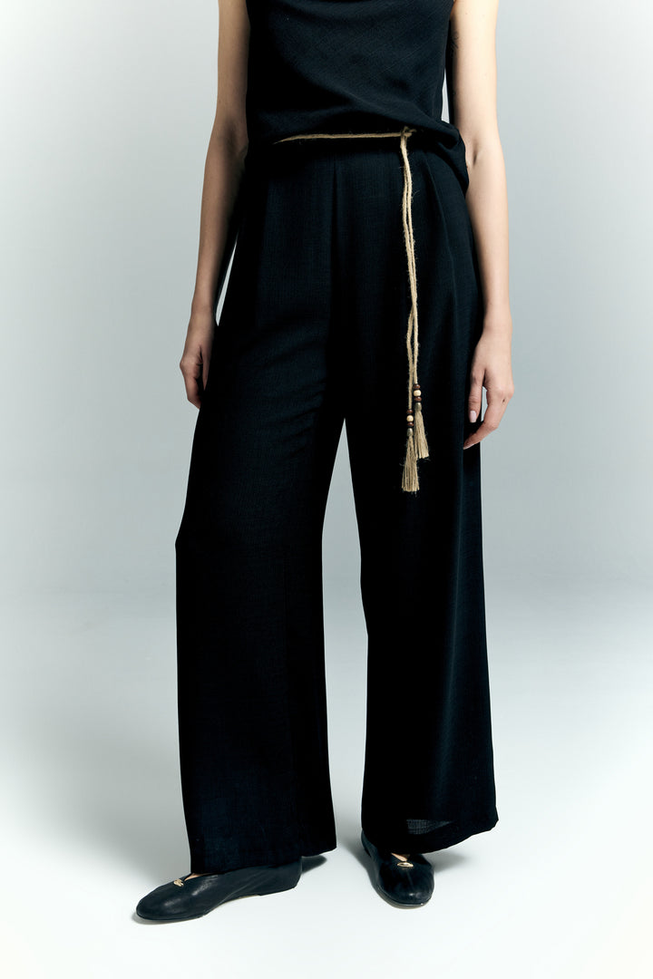 Sateen Pantalon à Détails Ceinture - Noir