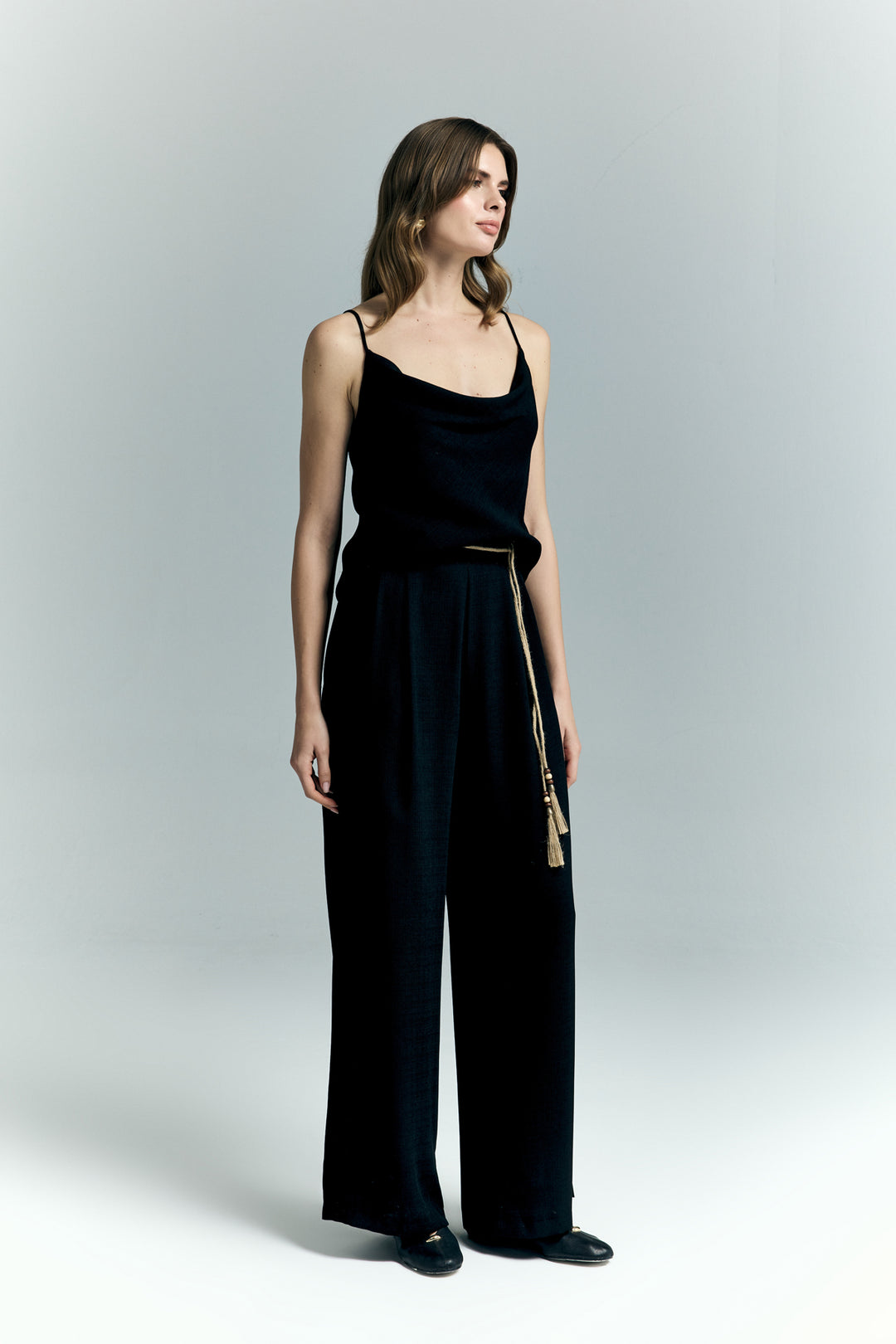 Sateen Pantalon à Détails Ceinture - Noir
