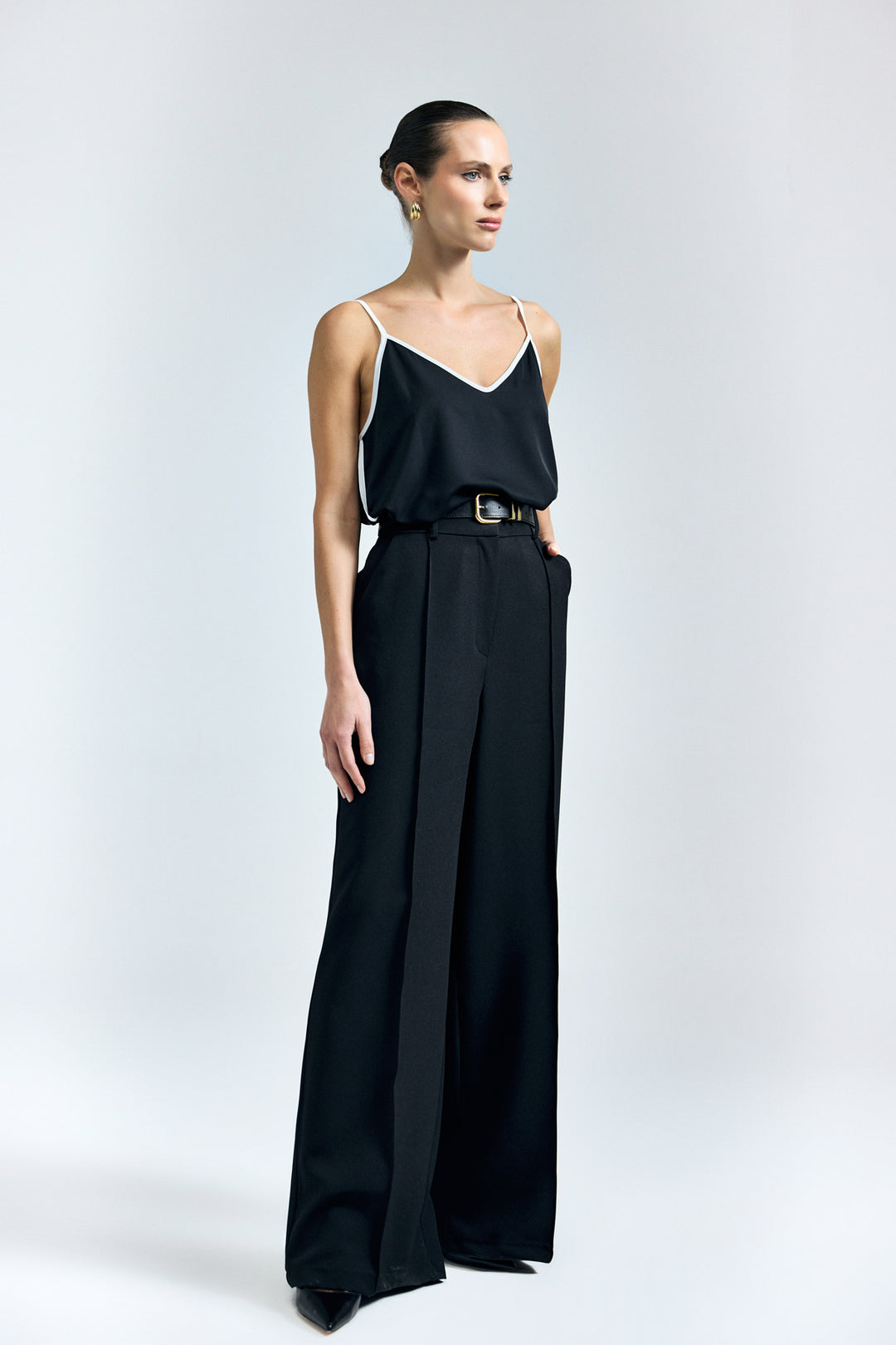 Sateen Pantalon avec détail de ceinture - Noir