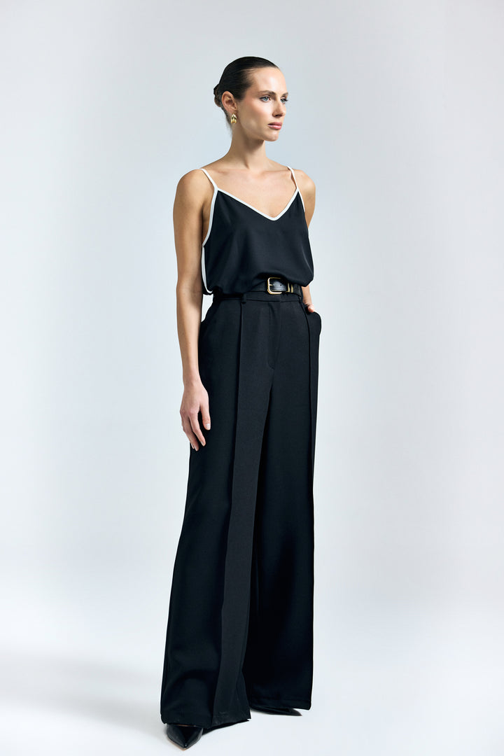 Sateen Pantalon avec détail de ceinture - Noir