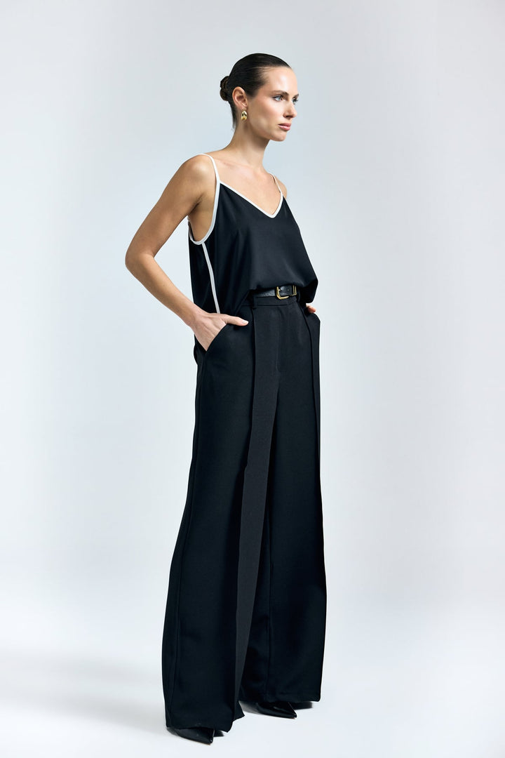 Sateen Pantalon avec détail de ceinture - Noir