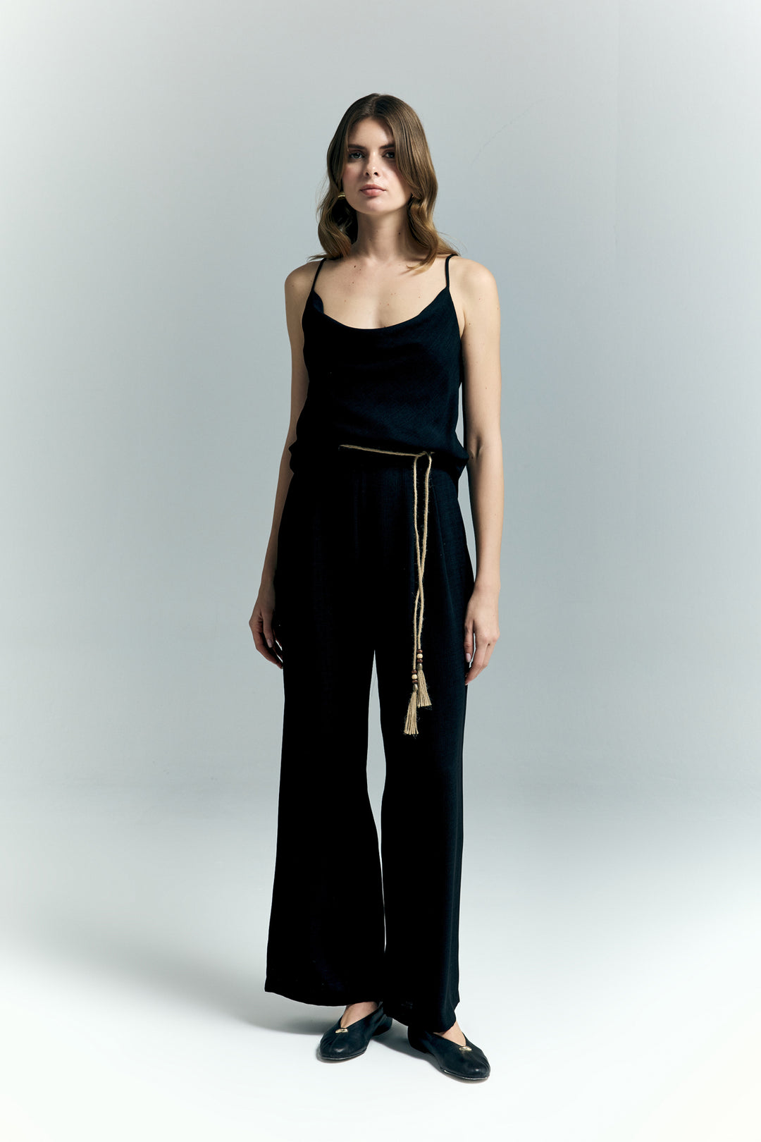 Sateen Pantalon à Détails Ceinture - Noir