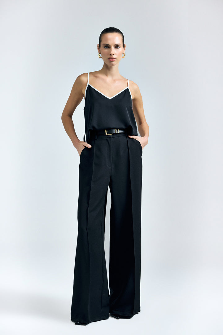 Sateen Pantalon avec détail de ceinture - Noir