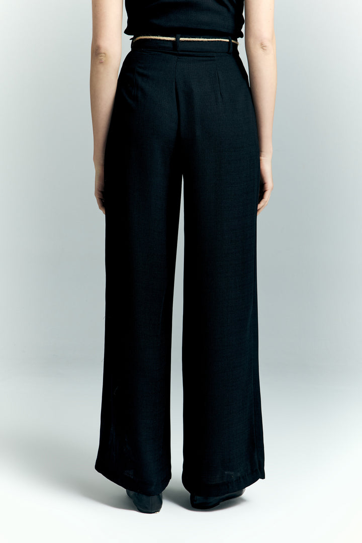 Sateen Pantalon à Détails Ceinture - Noir