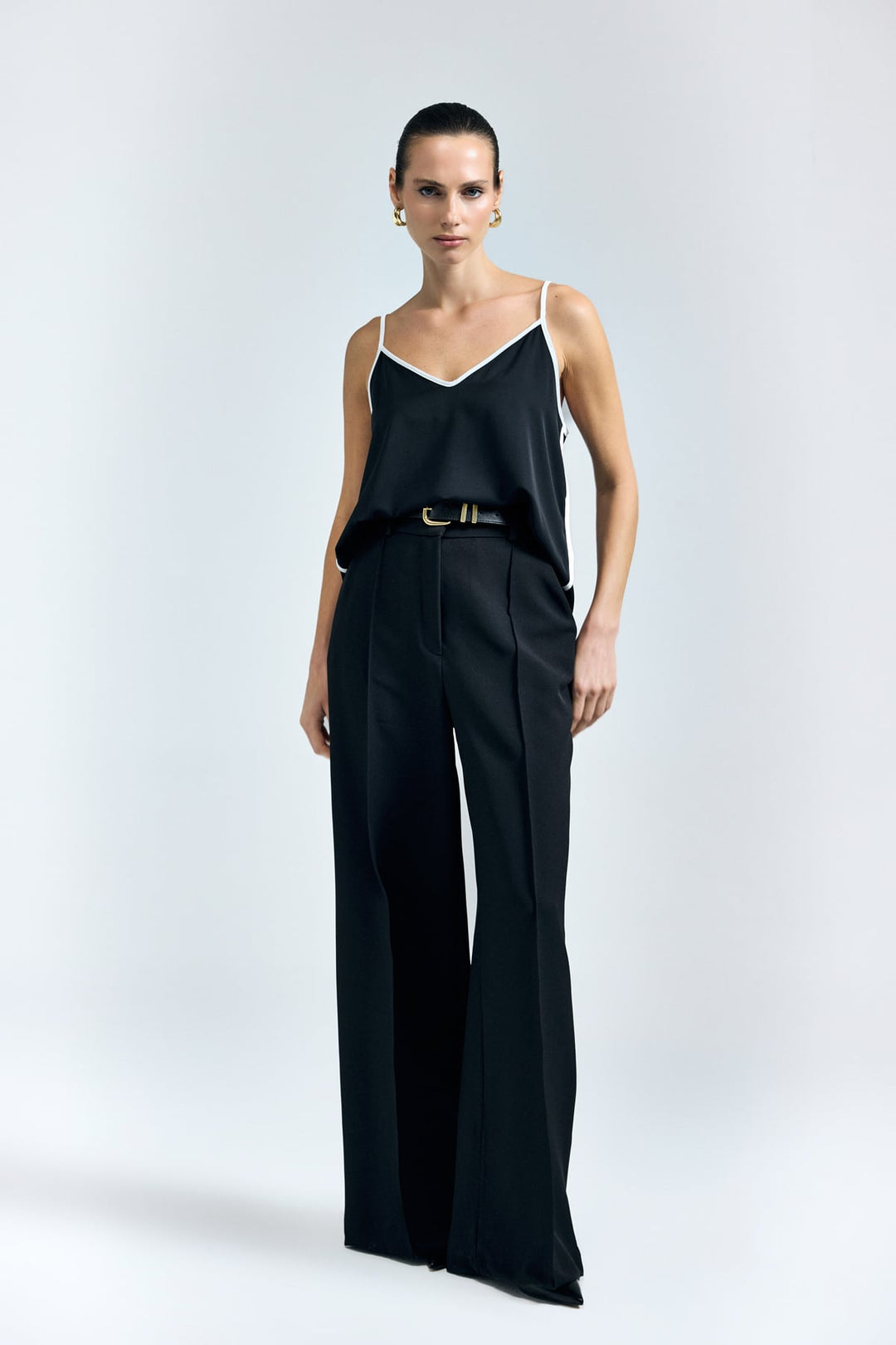 Sateen Pantalon avec détail de ceinture - Noir