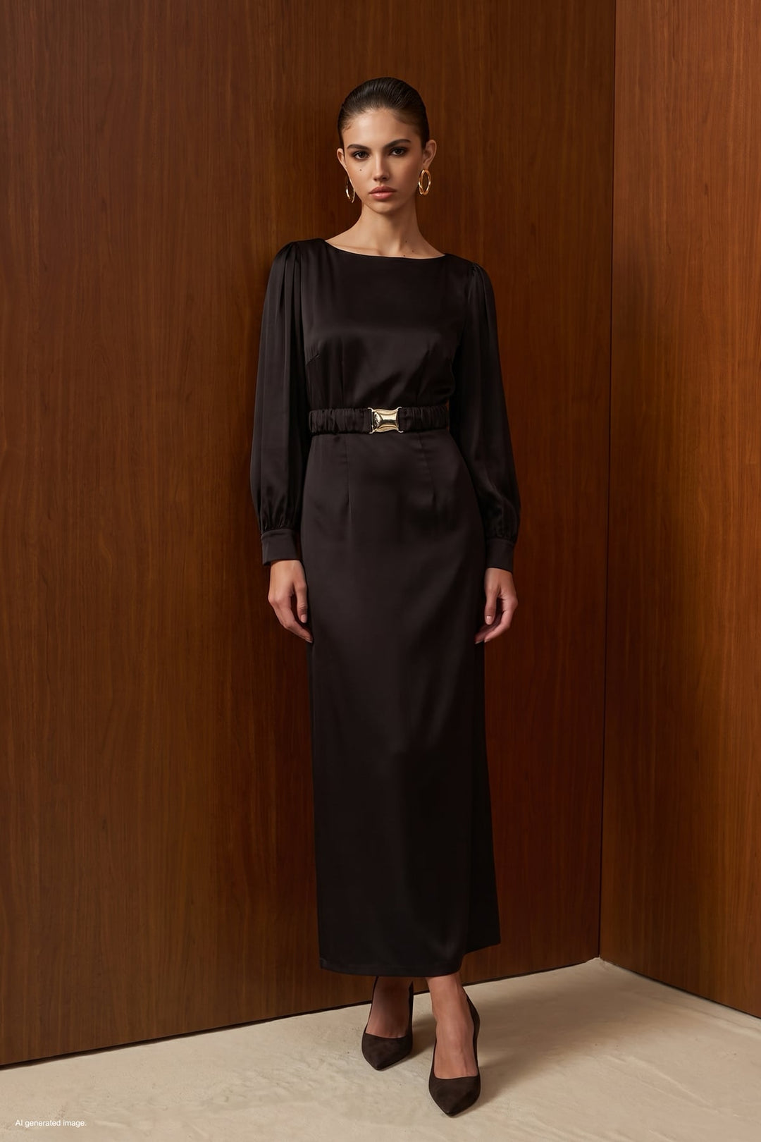Sateen Robe en Satin avec Ceinture - Marron
