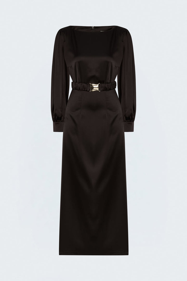 Sateen Robe en Satin avec Ceinture - Marron