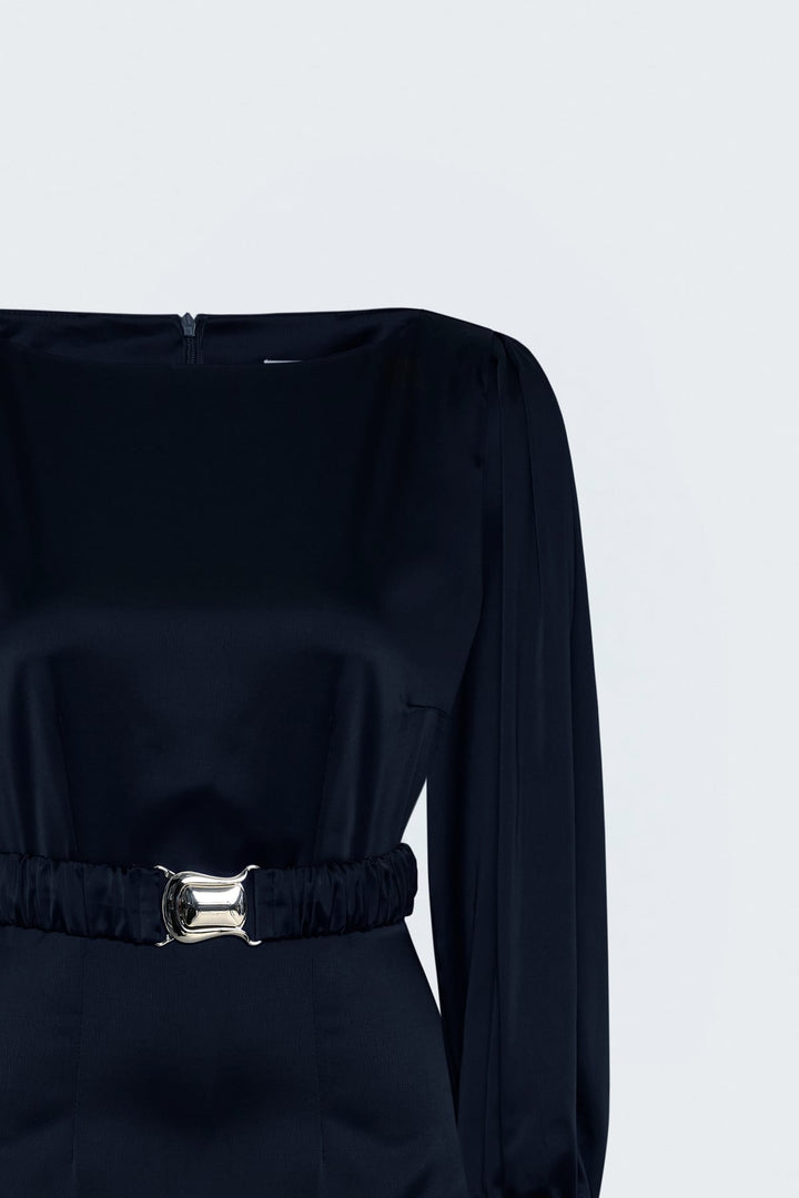 Sateen Robe en Satin avec Ceinture - Bleu marine