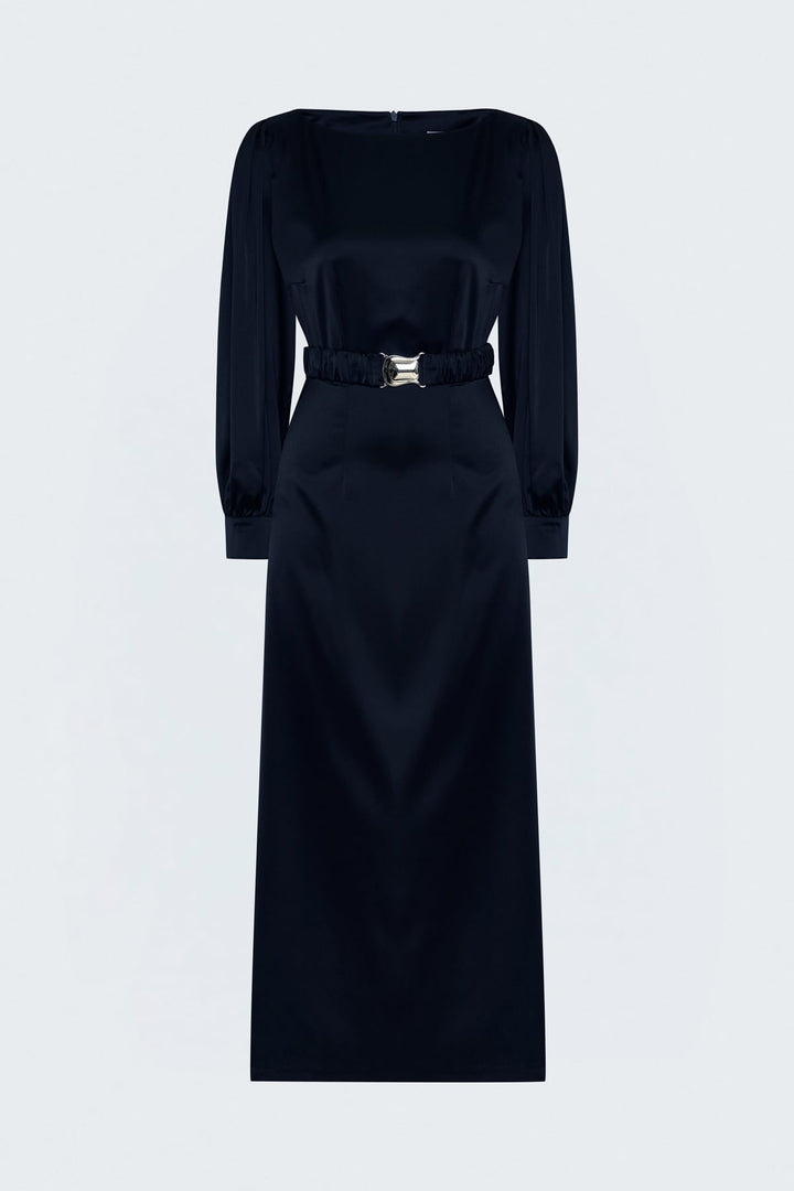 Sateen Robe en Satin avec Ceinture - Bleu marine