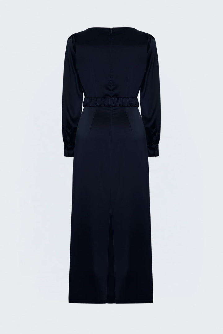 Sateen Robe en Satin avec Ceinture - Bleu marine