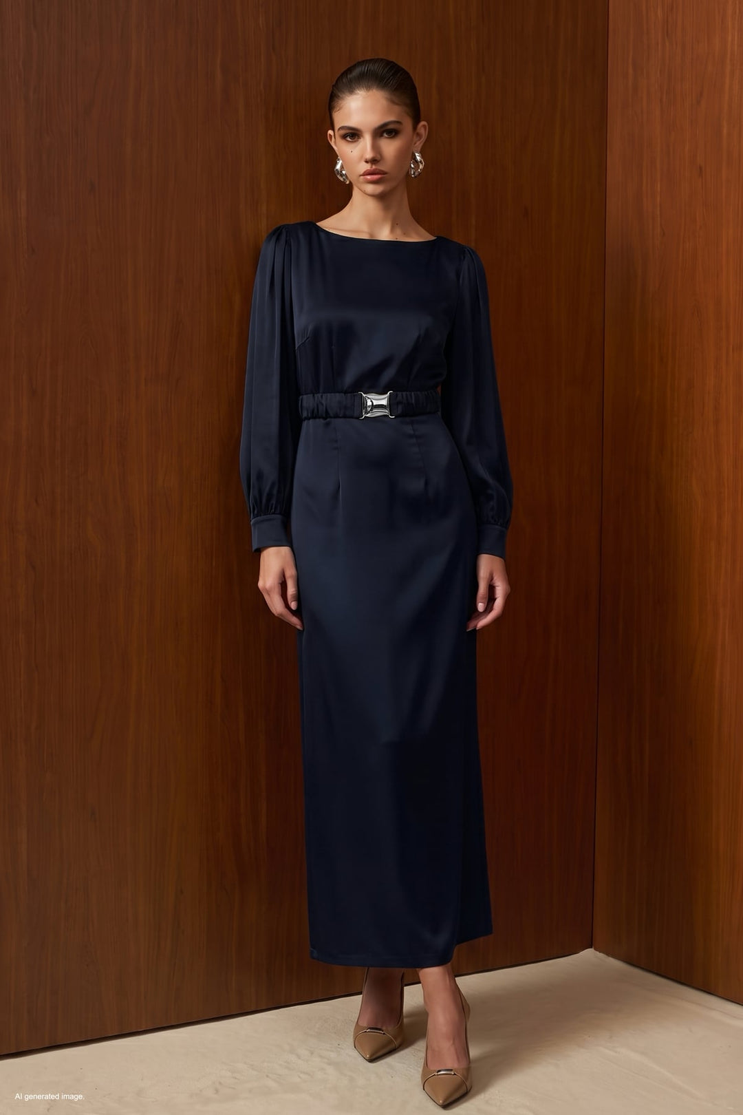 Sateen Robe en Satin avec Ceinture - Bleu marine