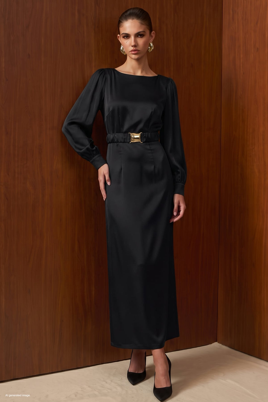 Sateen Robe en Satin avec Ceinture - Noir