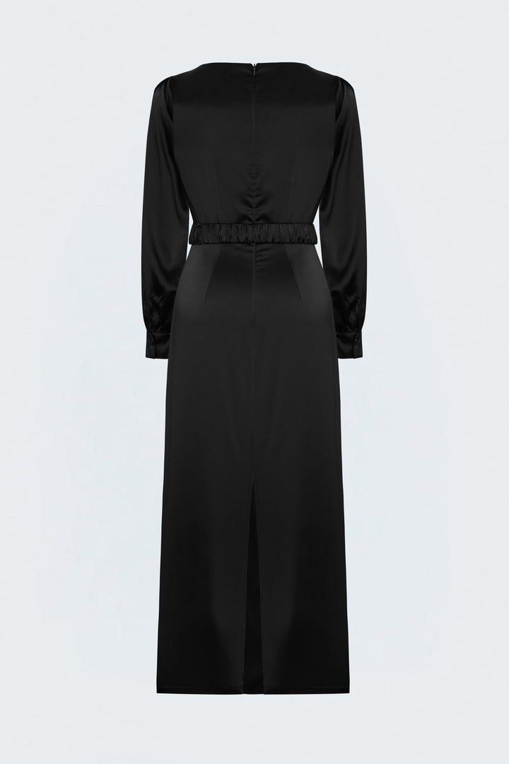 Sateen Robe en Satin avec Ceinture - Noir
