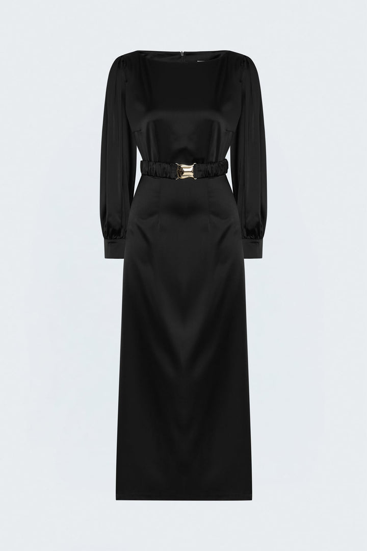 Sateen Robe en Satin avec Ceinture - Noir