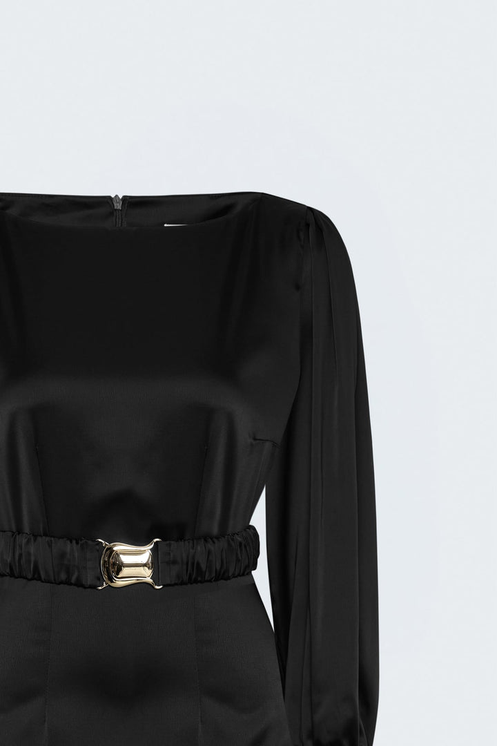 Sateen Robe en Satin avec Ceinture - Noir