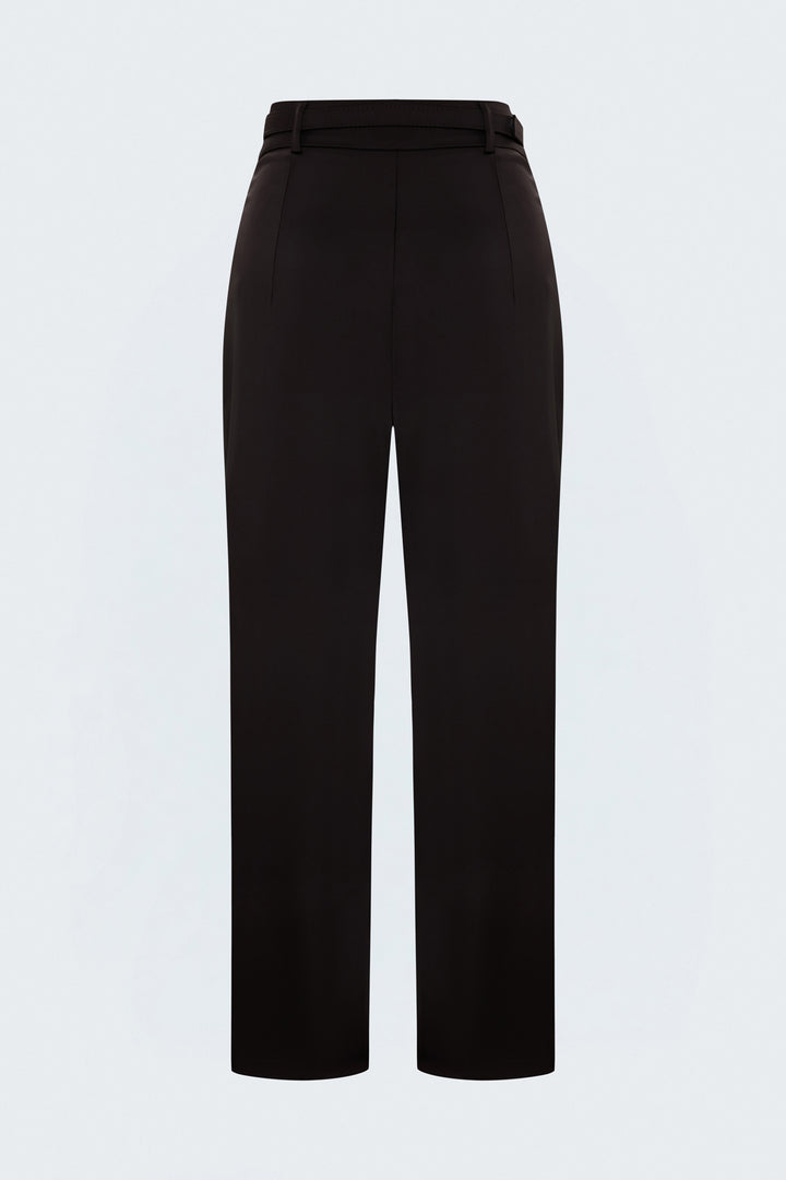 Sateen Pantalon Classique Satiné Détail Ceinture - Marron