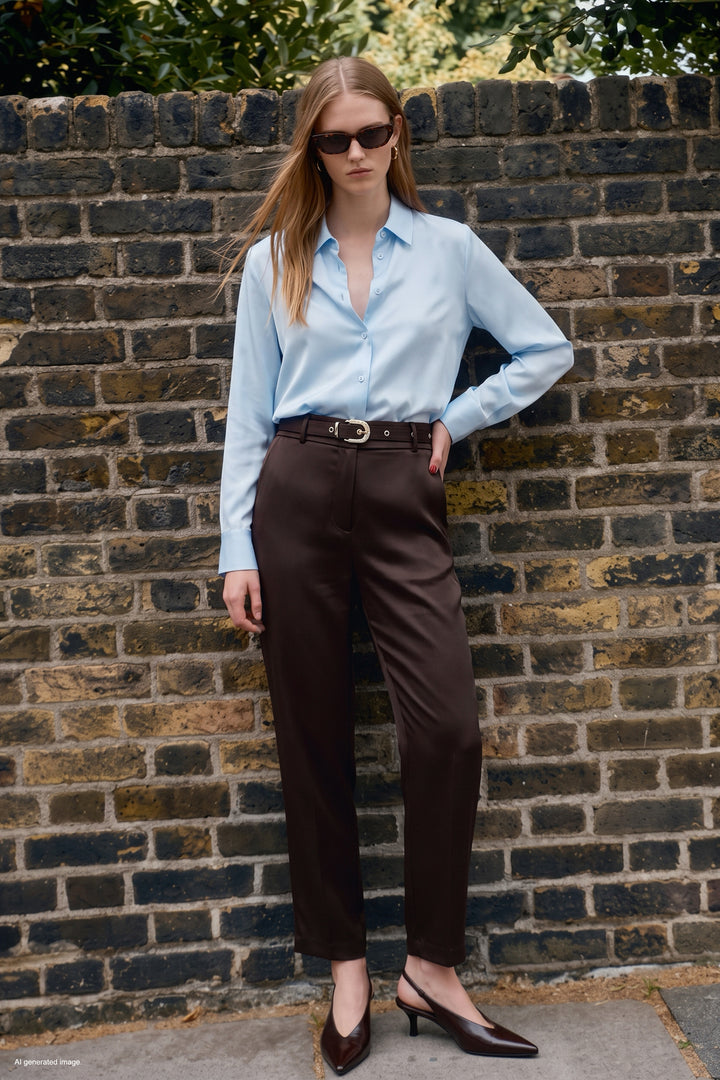 Sateen Pantalon Classique Satiné Détail Ceinture - Marron