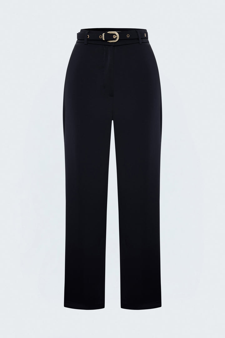 Sateen Pantalon Classique Satiné Détail Ceinture - Bleu marine