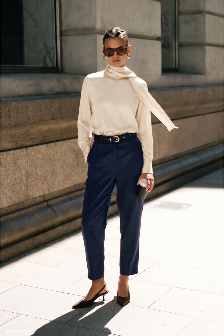 Sateen Pantalon Classique Satiné Détail Ceinture - Bleu marine