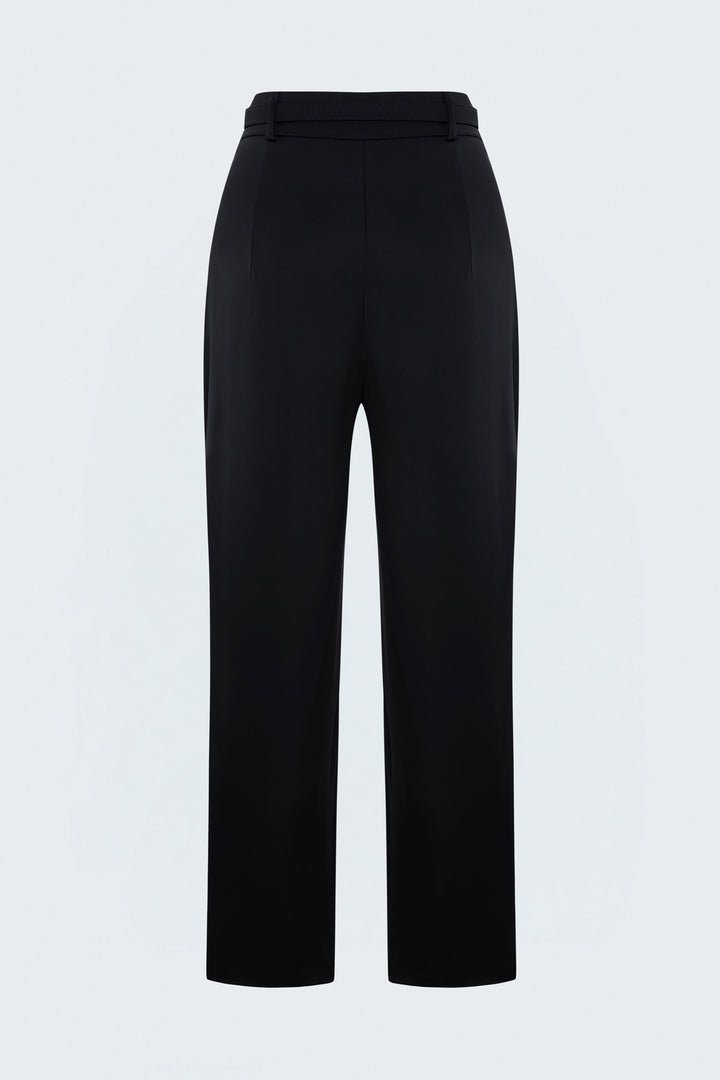 Sateen Pantalon Classique Satiné Détail Ceinture - Noir