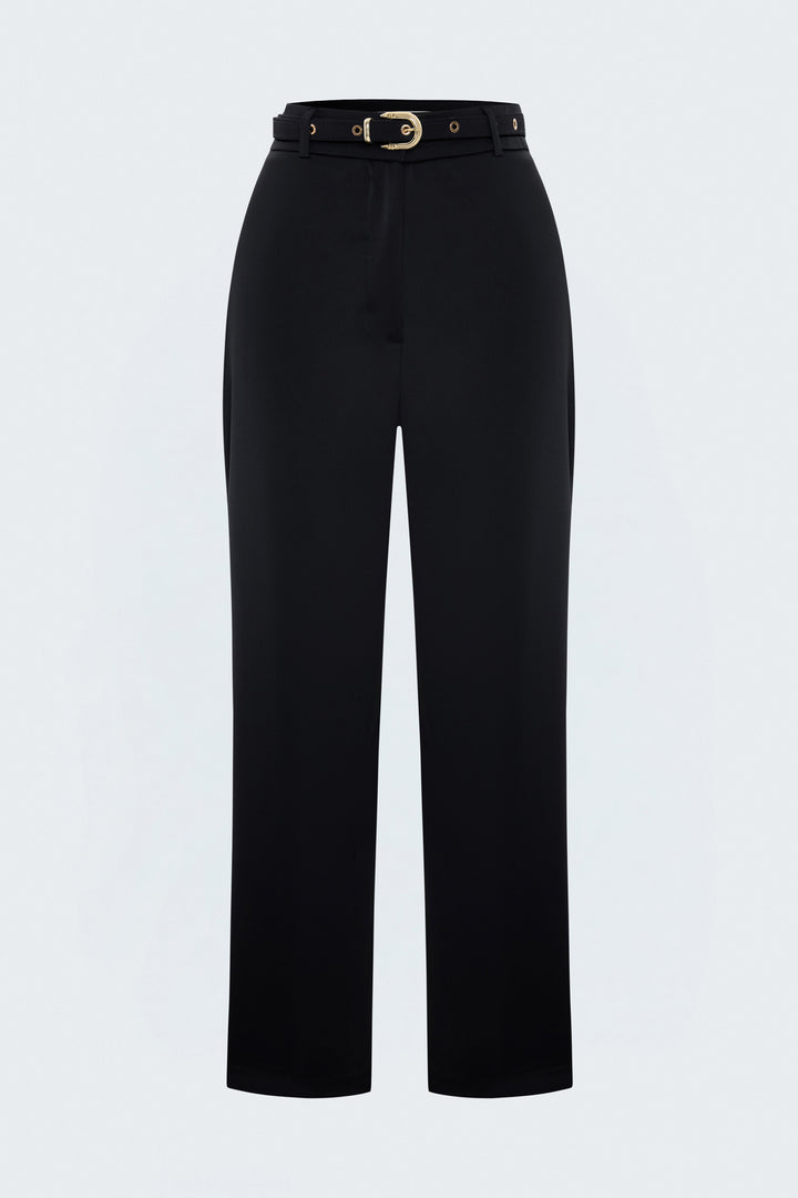 Sateen Pantalon Classique Satiné Détail Ceinture - Noir