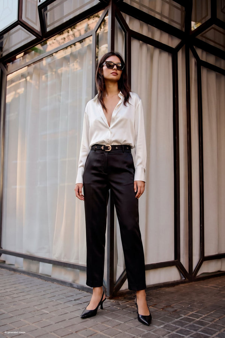 Sateen Pantalon Classique Satiné Détail Ceinture - Noir