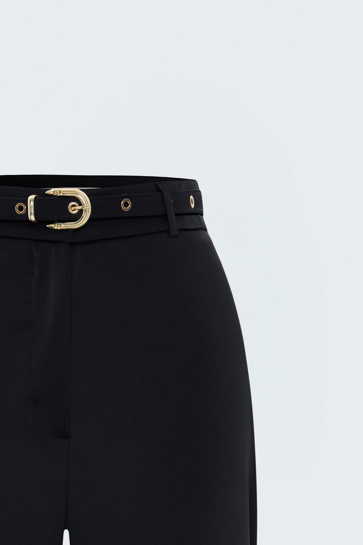 Sateen Pantalon Classique Satiné Détail Ceinture - Noir