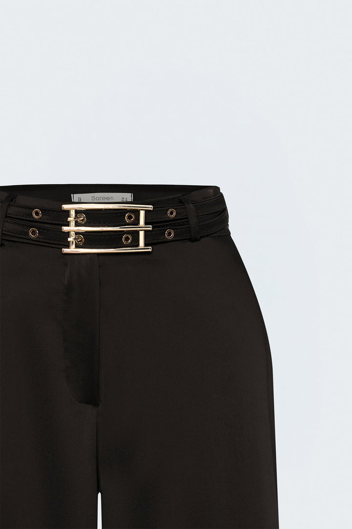 Sateen Pantalon Satiné Détail Ceinture - Marron