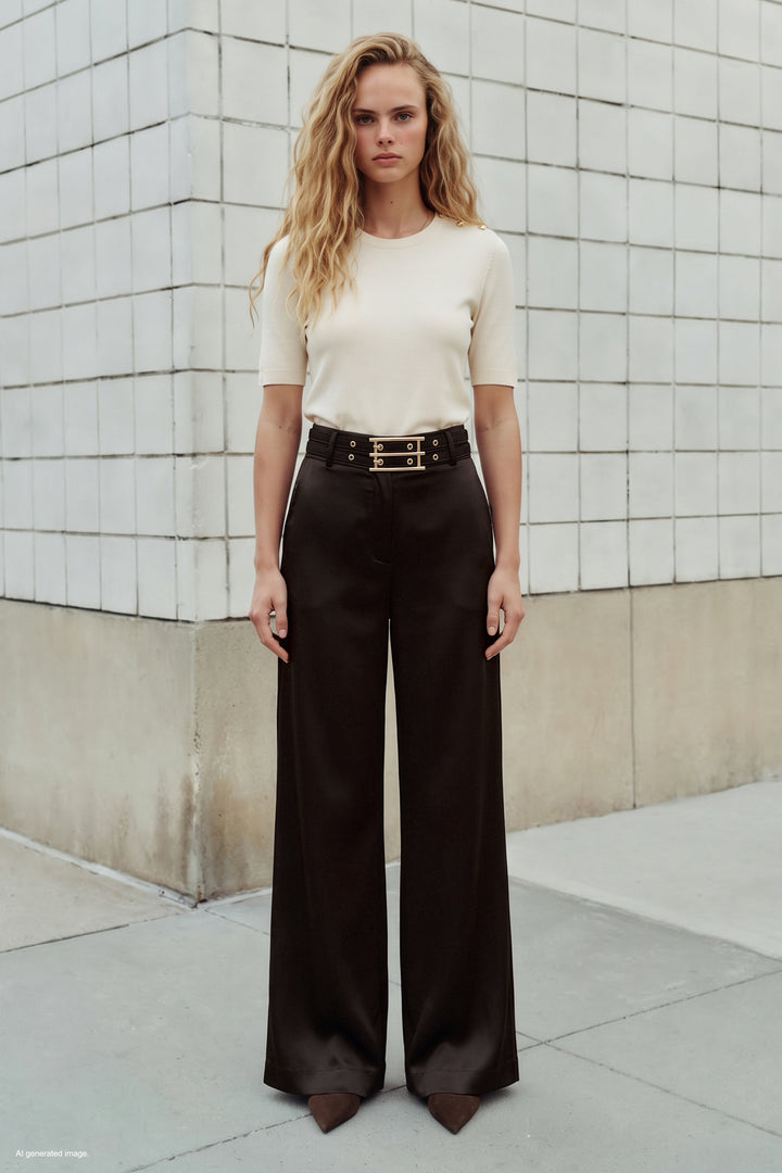 Sateen Pantalon Satiné Détail Ceinture - Marron