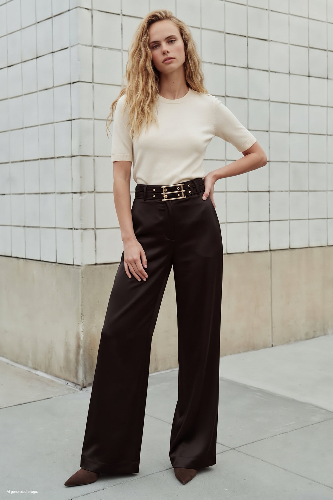 Sateen Pantalon Satiné Détail Ceinture - Marron