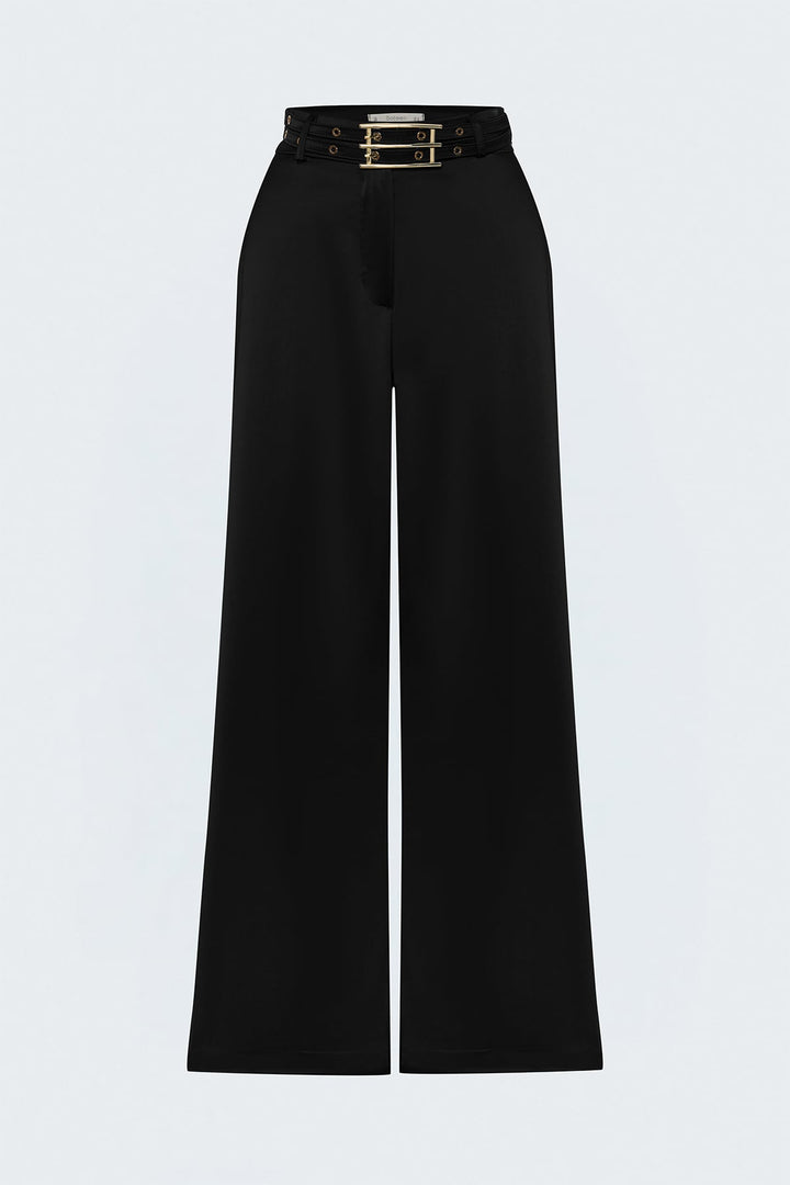 Sateen Pantalon Satiné Détail Ceinture - Noir