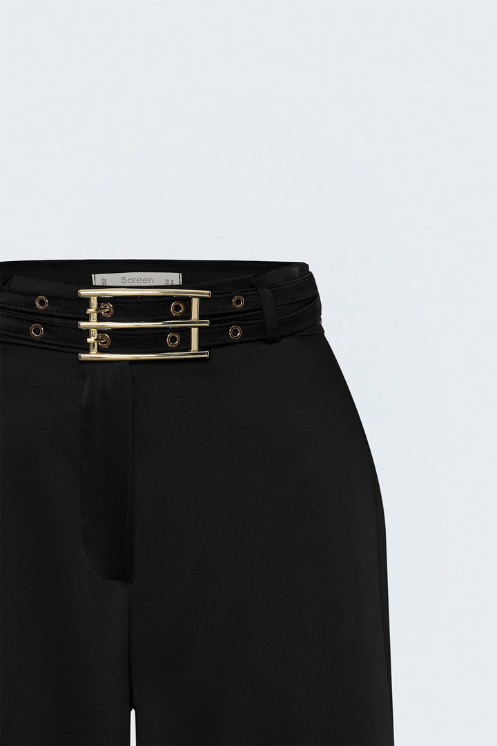 Sateen Pantalon Satiné Détail Ceinture - Noir