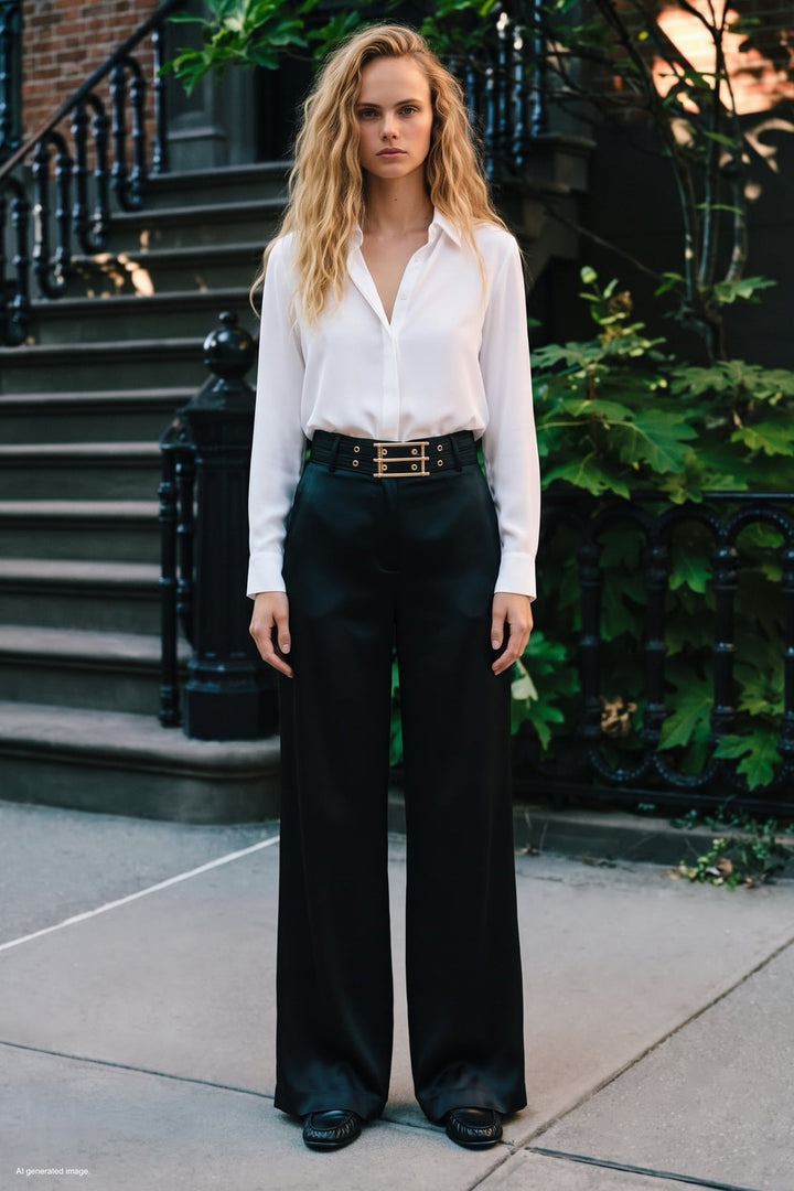 Sateen Pantalon Satiné Détail Ceinture - Noir