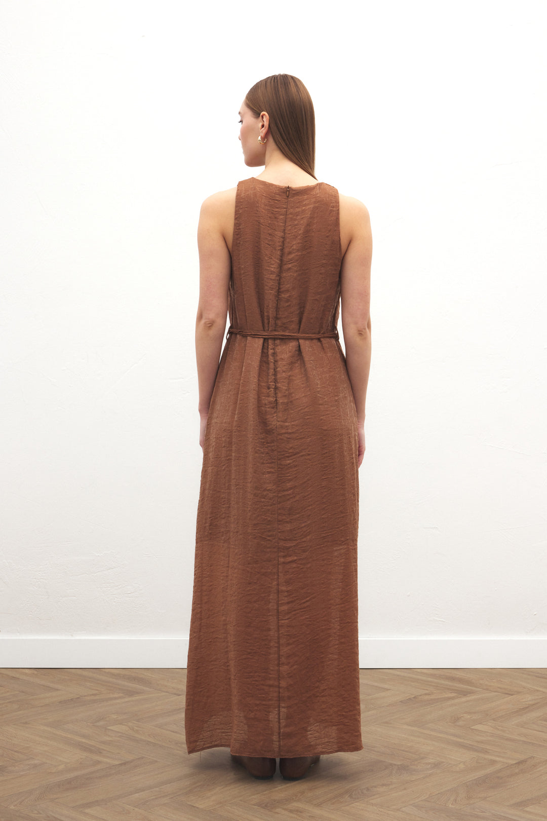 Sateen Robe Longue à Détail Ceinture - Marron