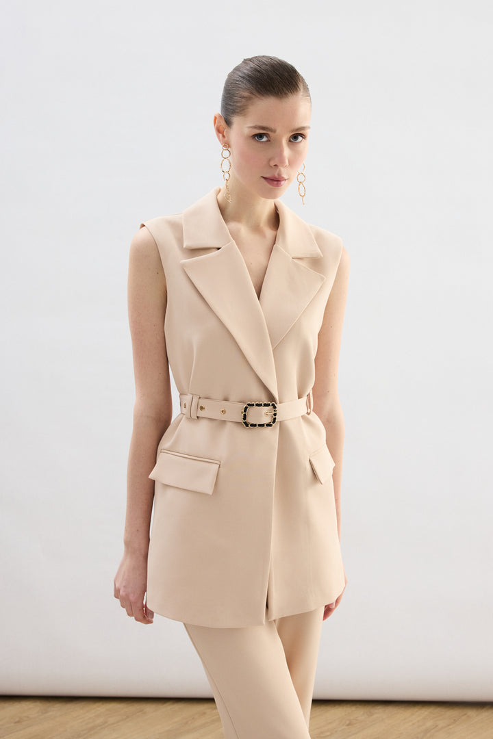 Sateen Gilet avec détail ceinture - Beige