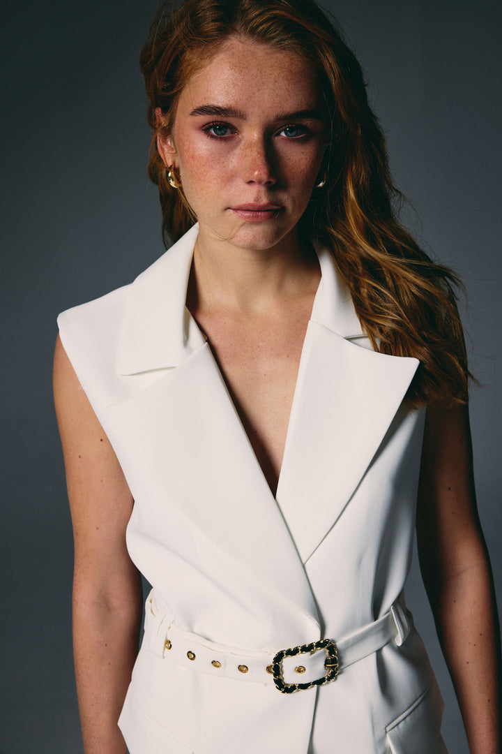 Sateen Gilet avec détail ceinture - Écru