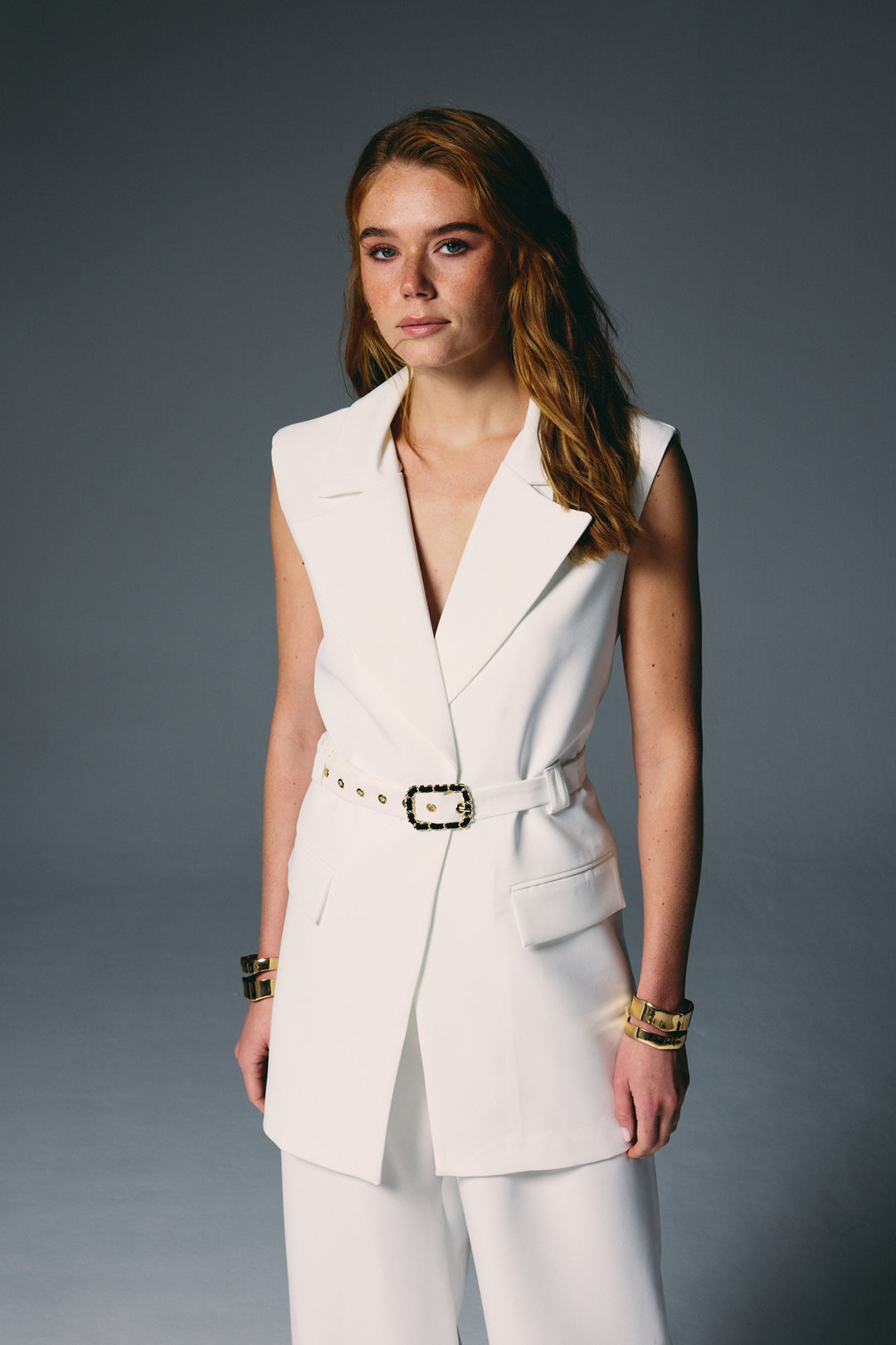 Sateen Gilet avec détail ceinture - Écru