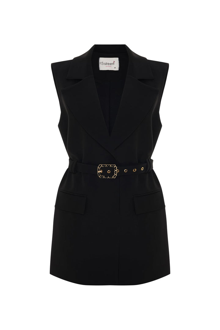 Sateen Gilet avec détail ceinture - Noir