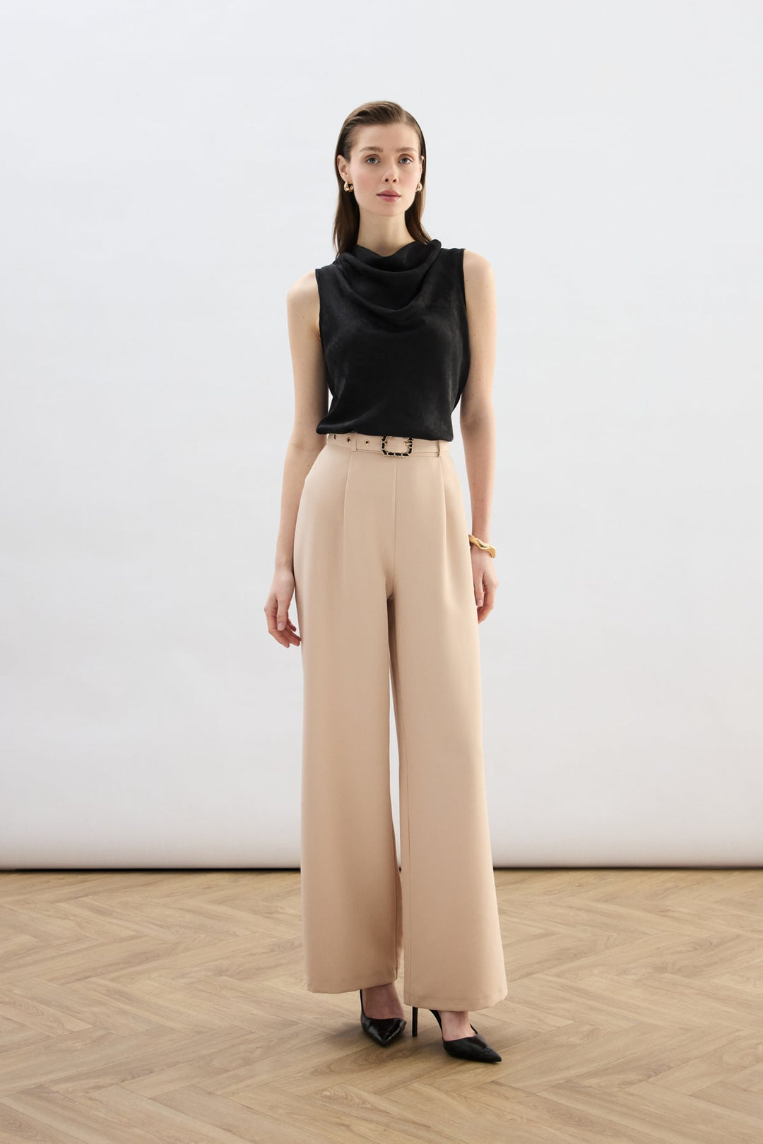 Sateen Pantalon Large avec Ceinture - Beige