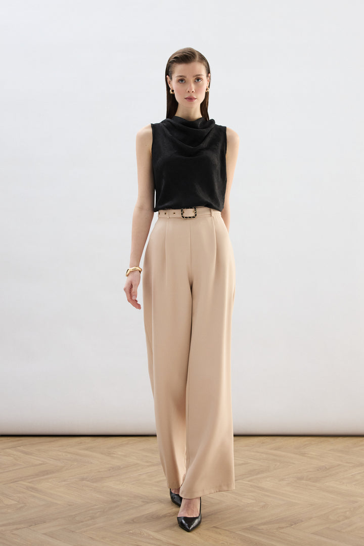 Sateen Pantalon Large avec Ceinture - Beige