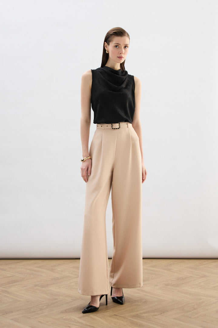 Sateen Pantalon Large avec Ceinture - Beige