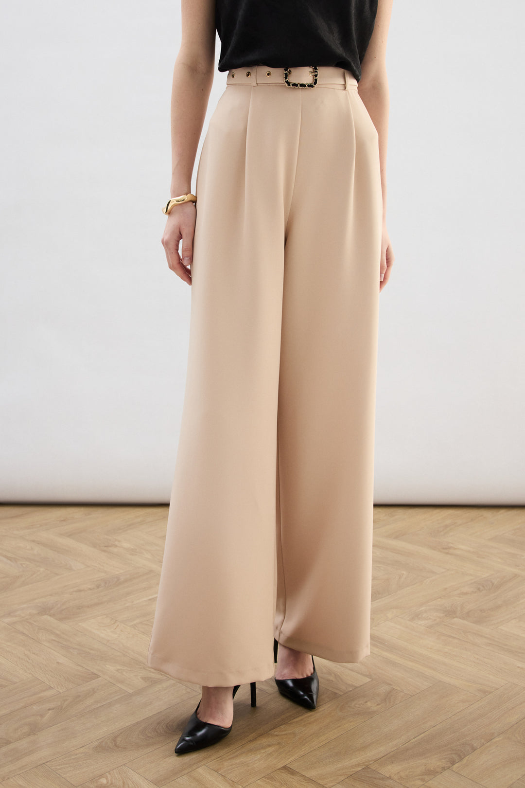 Sateen Pantalon Large avec Ceinture - Beige