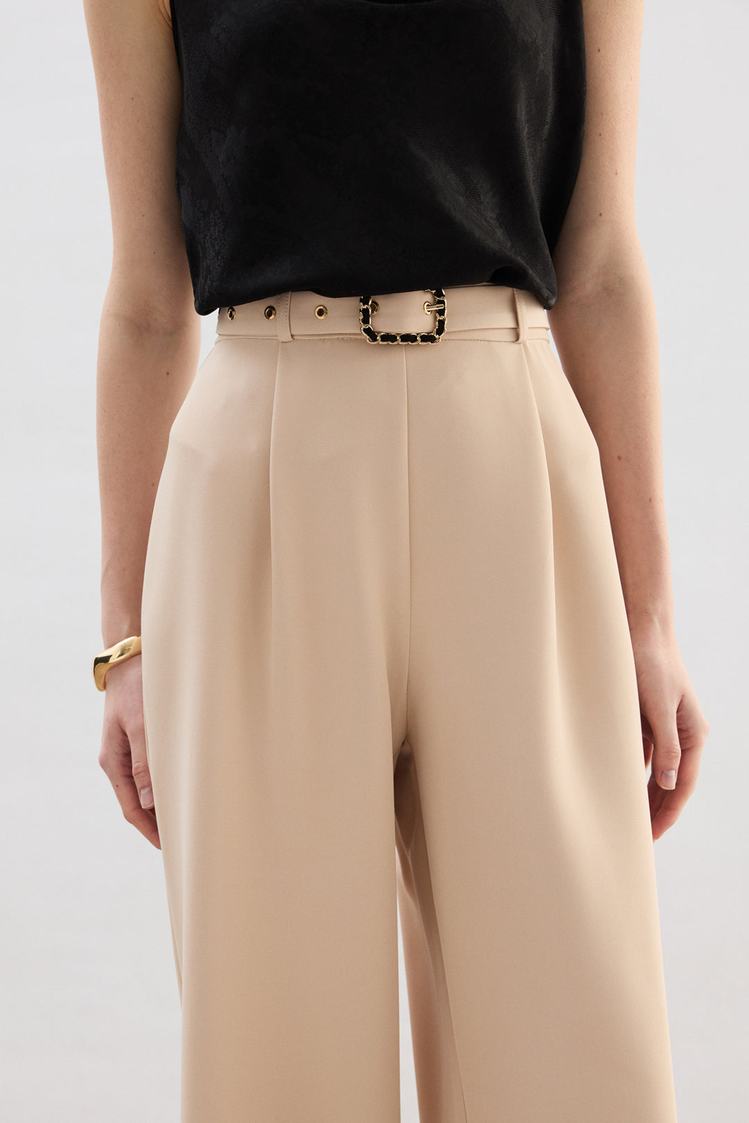 Sateen Pantalon Large avec Ceinture - Beige