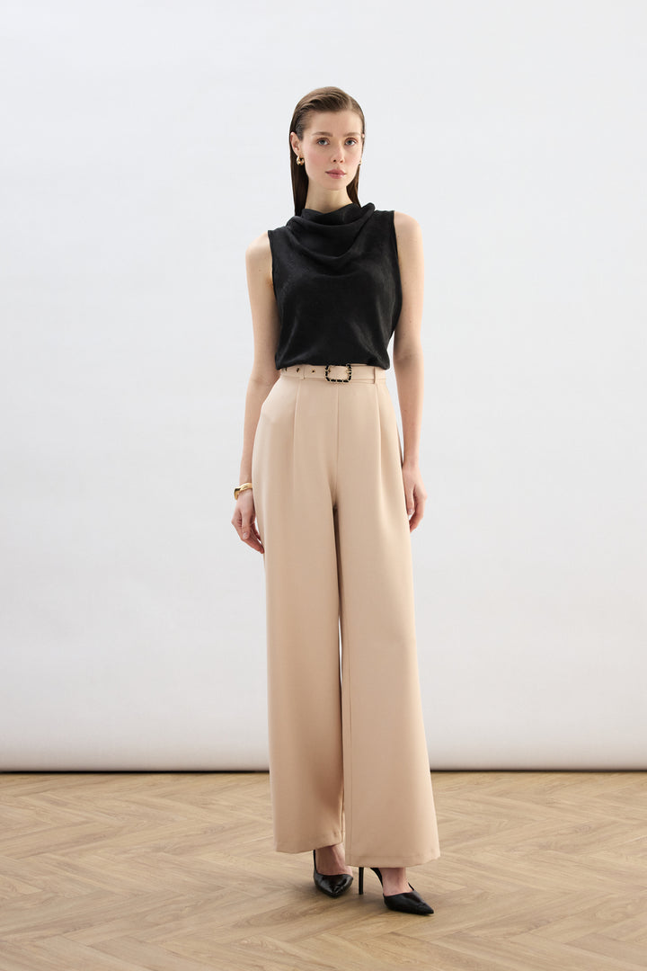 Sateen Pantalon Large avec Ceinture - Beige