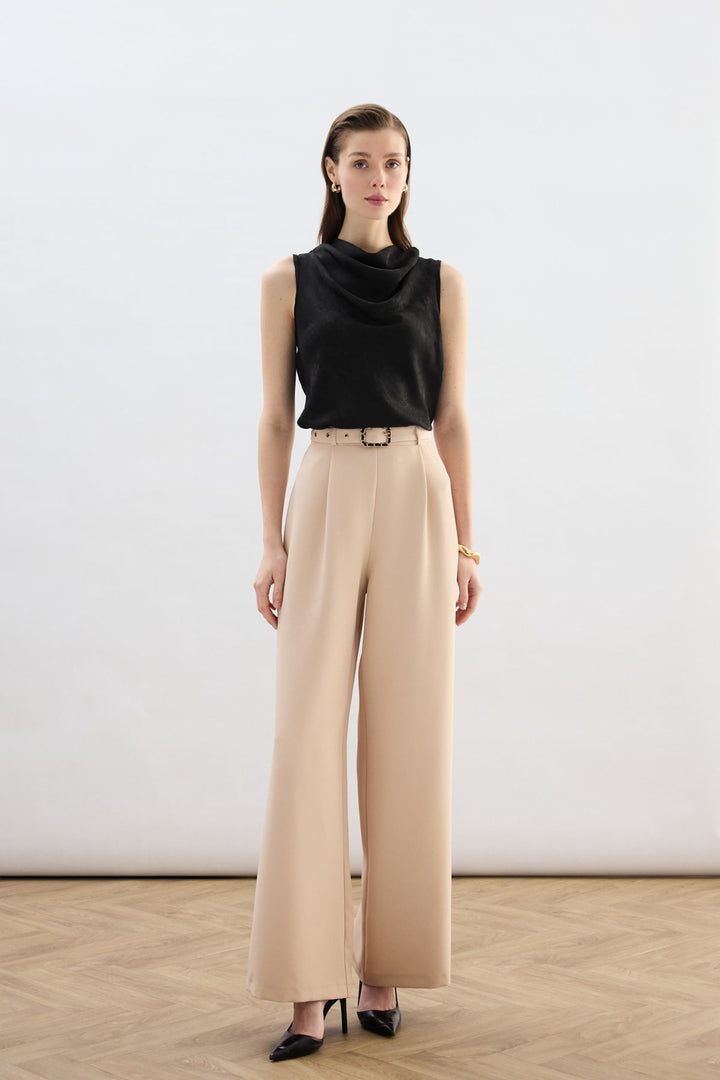 Sateen Pantalon Large avec Ceinture - Beige