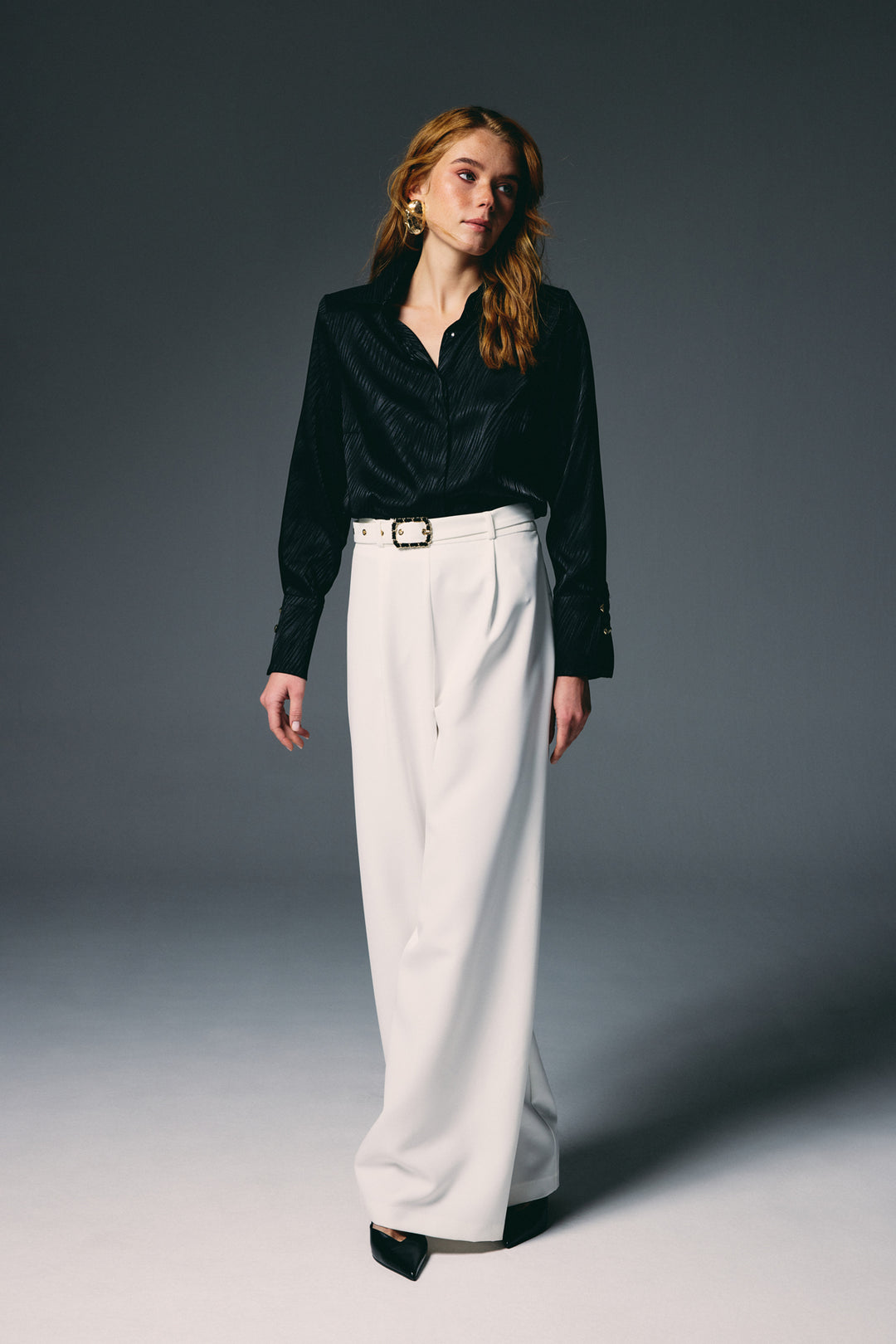 Sateen Pantalon Large avec Ceinture - Écru