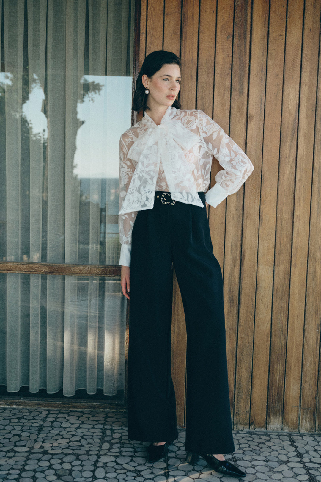 Sateen Pantalon Large avec Ceinture - Noir