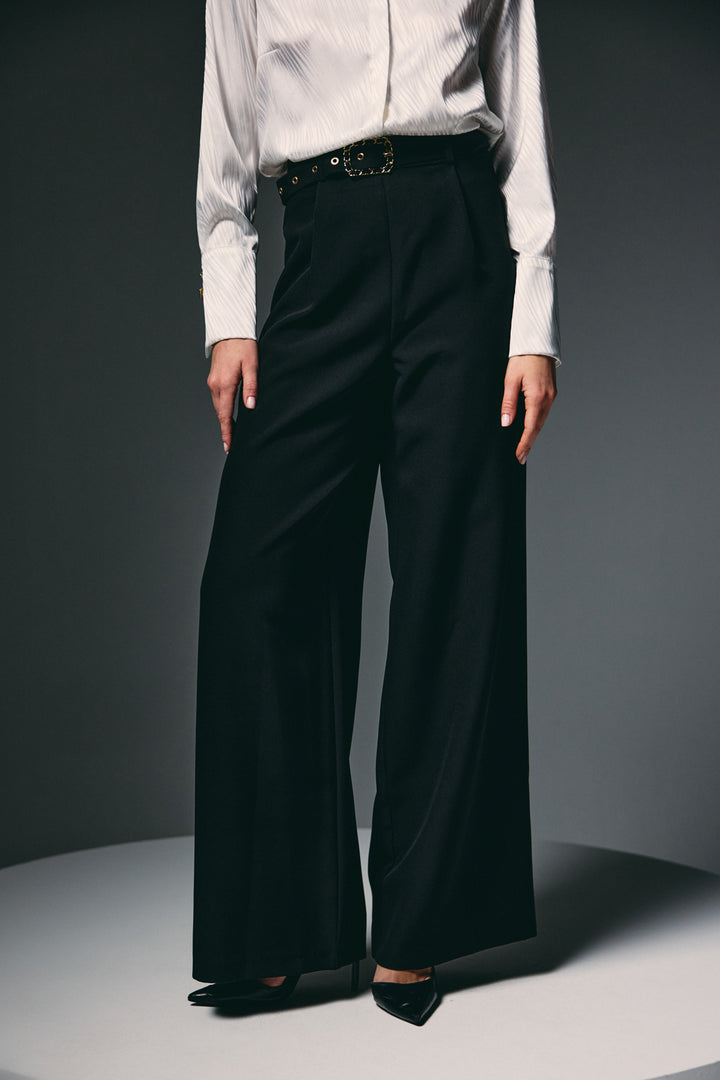Sateen Pantalon Large avec Ceinture - Noir