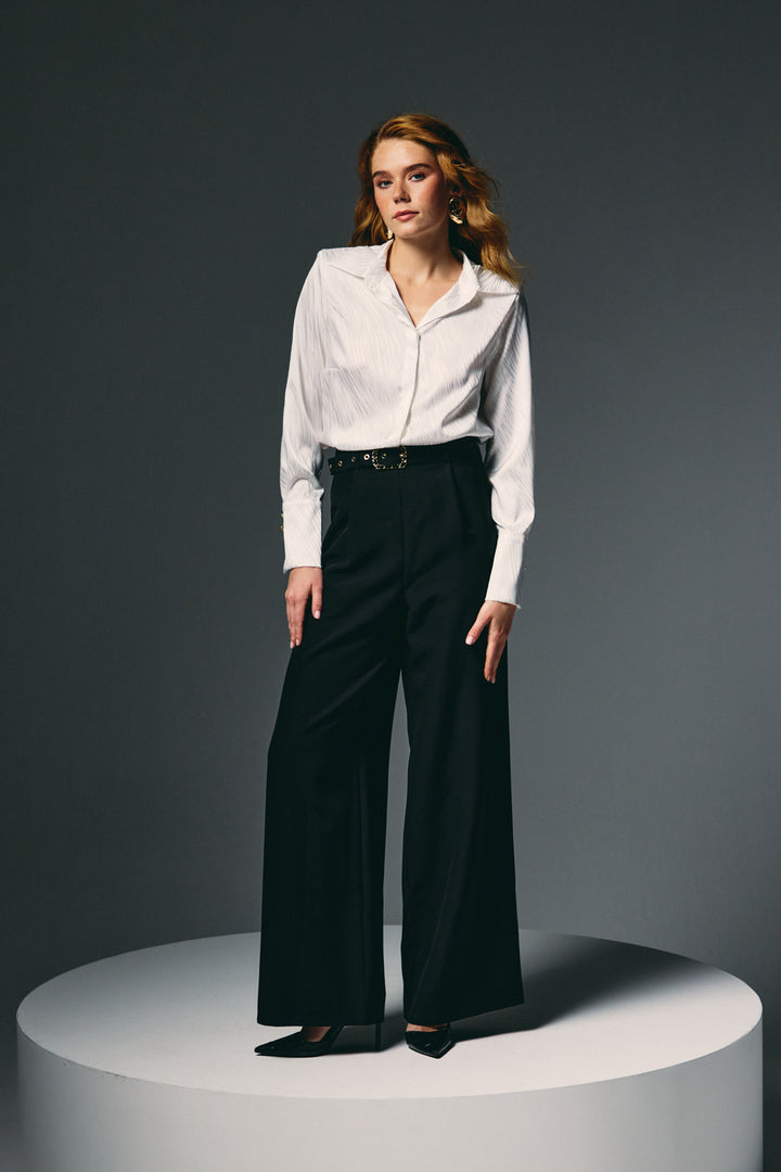 Sateen Pantalon Large avec Ceinture - Noir