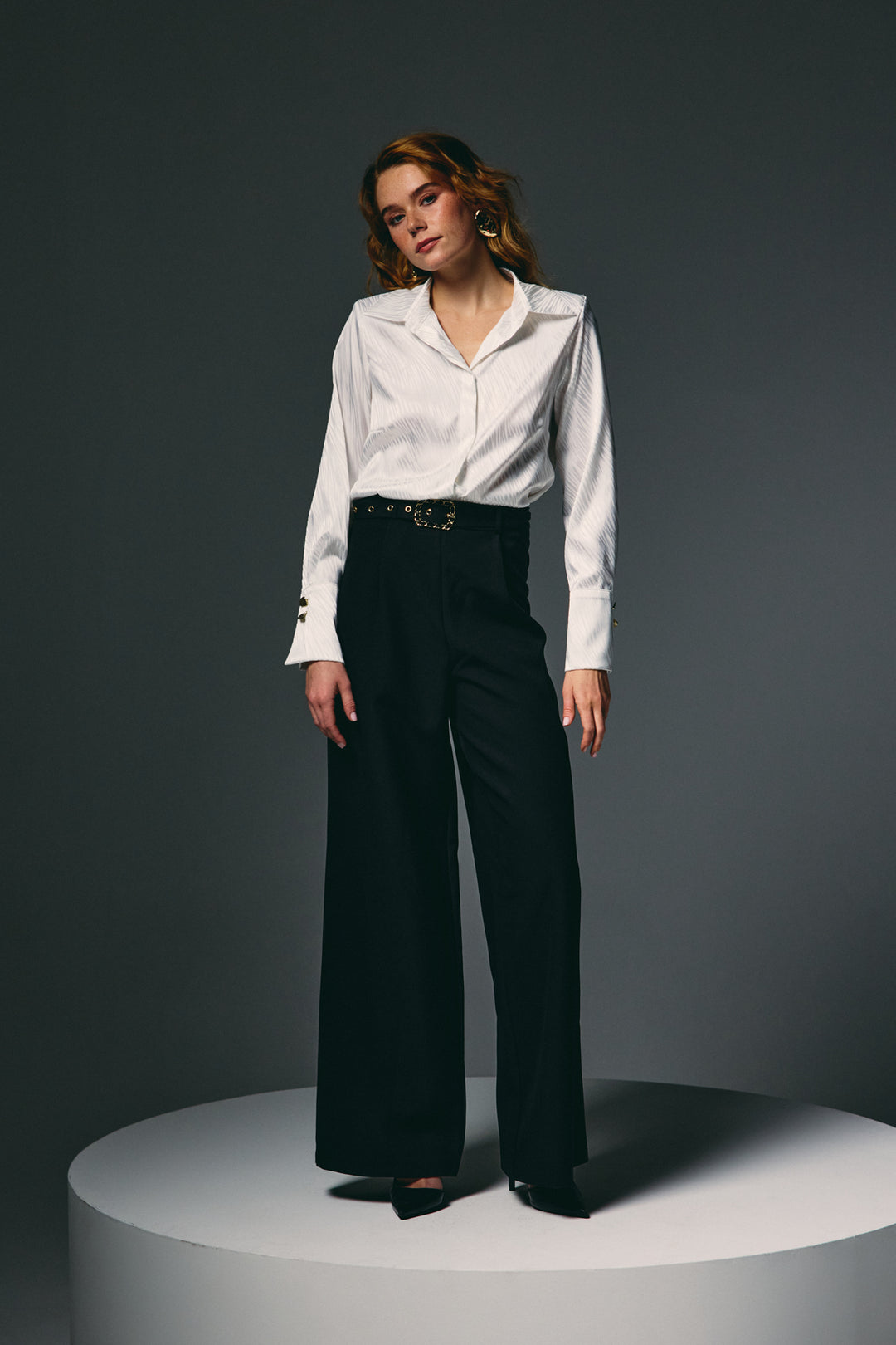 Sateen Pantalon Large avec Ceinture - Noir